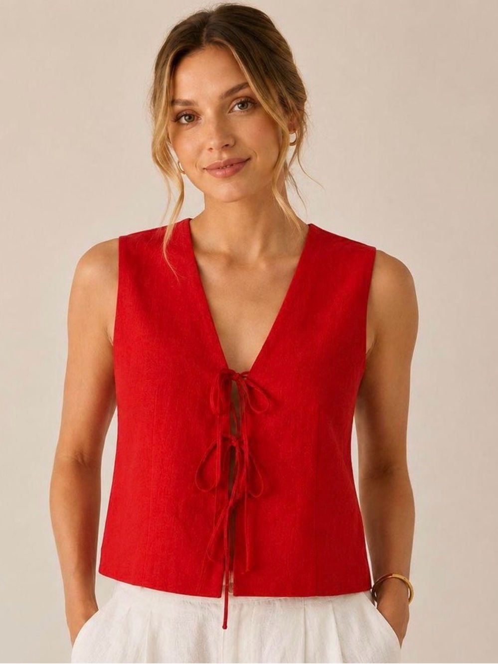 Magaschoni Sleeveless Red Tie-Front V-Neck Top
